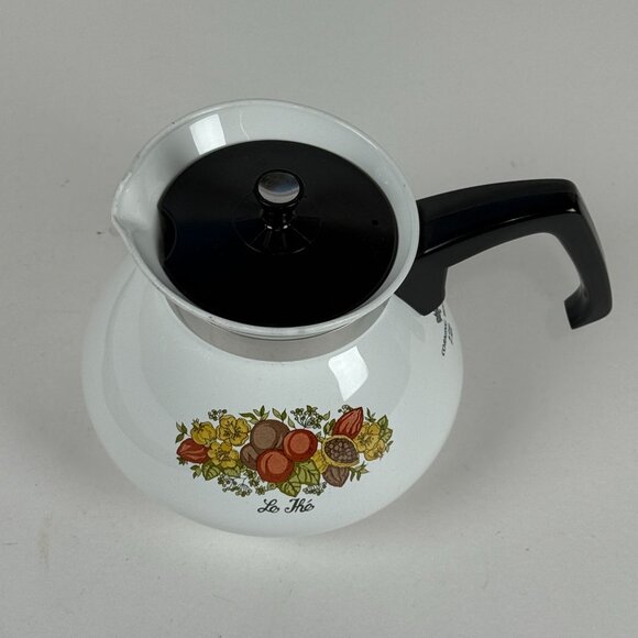 Vintage Corning Ware 6-Cup P-104 White Floral Enamel Coffee/Tea Pot With Lid & B - Picture 2 of 6